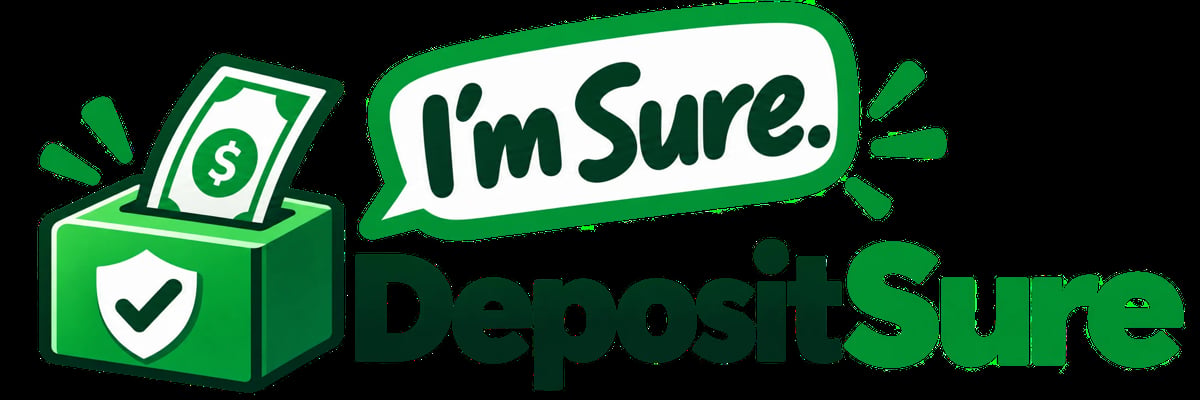 Im Sure DepositSure logo with green donation box, dollar bill, checkmark, and speech bubble